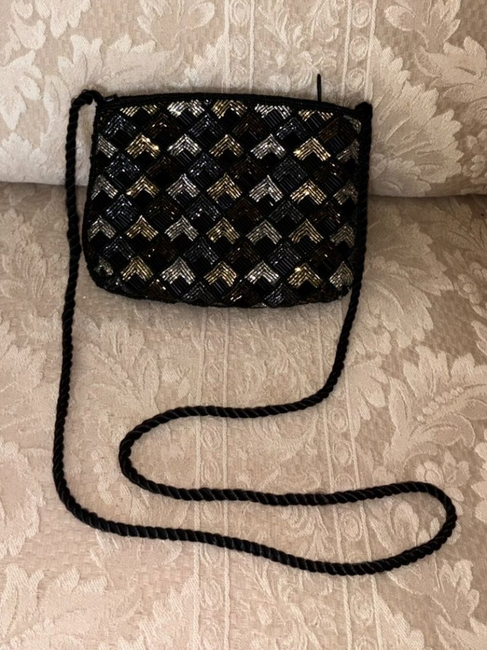 🖤Black Beaded Evening Bag • Braided Strap • Metallic Lattice Detail🖤